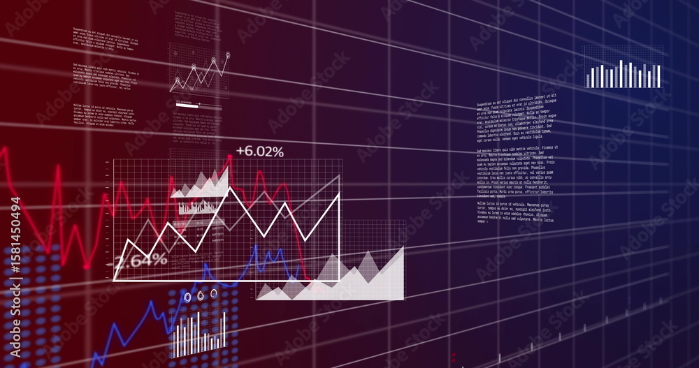Poster showing line graph and bar charts over 3d grid lines in virtual interface, with percentage markers