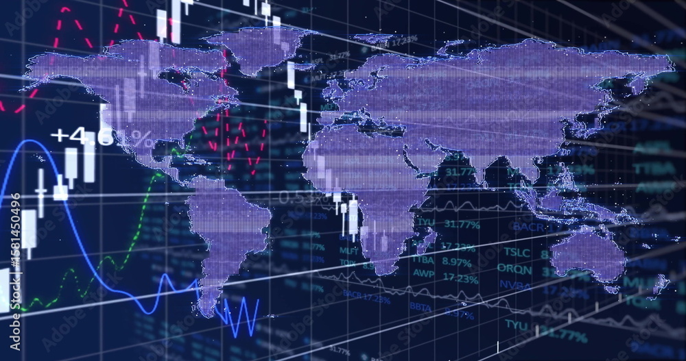 Poster displaying purple world map overlaying dashboard grid, with candlestick bars and line graphs