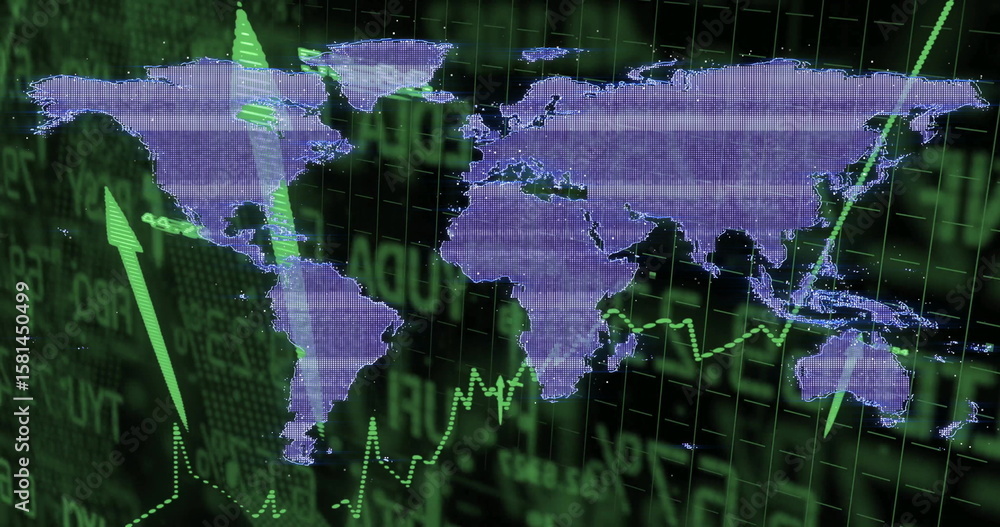 Aufkleber displaying purple dotted world map on market grid screen, showing green arrows and numeric data