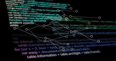 Displaying code and network graph on monitor, with JavaScript loops white nodes and curved lines