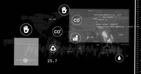 Displaying eco dashboard in dark theme, with CO² and recycling icons, code panel and histogram