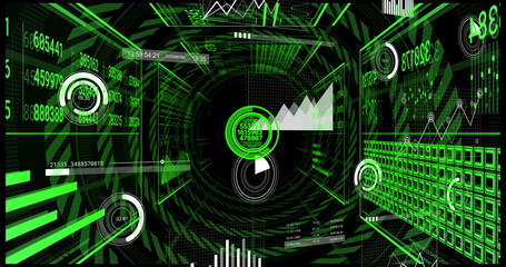 Spiraling tunnel displaying central circular interface in cyberspace, with concentric ring charts