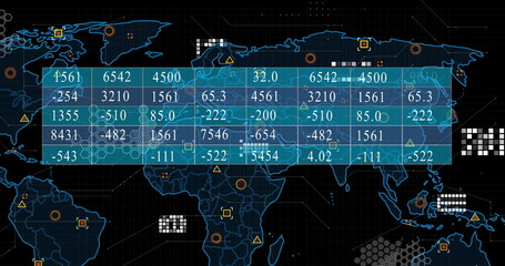 Displaying blue overlay showing numeric data in command center, world map outline with grid icons