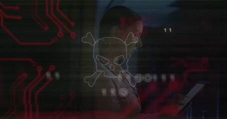 Standing IT specialist in tech center with tablet, headset, skull icon and circuit traces