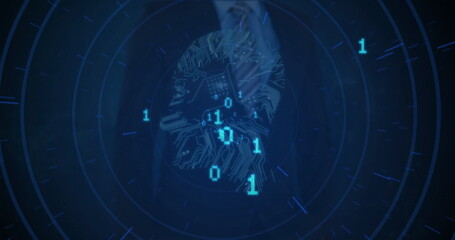 Stylized digital brain pulsating in futuristic HUD interface, with binary digits and grid lines
