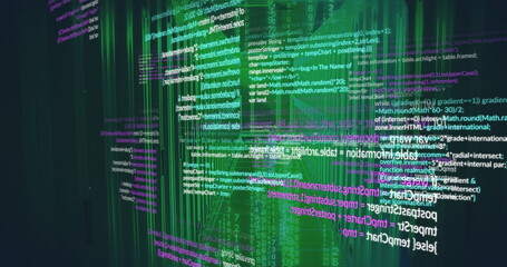 Moving code lines and green data bars across virtual interface, with holographic effect
