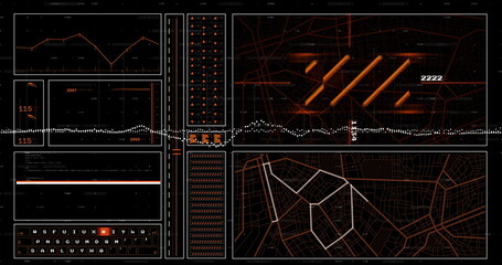 Displaying data dashboard at command center, showing line graphs 3D bars code box map warnings