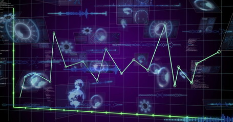 Displaying neon green line graph with glowing nodes over purple grid, dials and gear icons © vectorfusionart