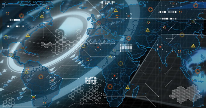 Map interface displaying overlays on control screen, with hexagonal grid, warning icons and lines - Powered by Adobe