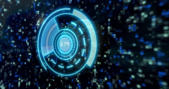 Rotating neon-blue HUD graphic displaying 879 readout in virtual space, with drifting pixel blocks