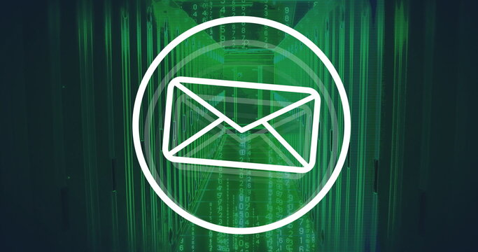 Hovering white envelope icon within data center corridor, with cascading code and server racks