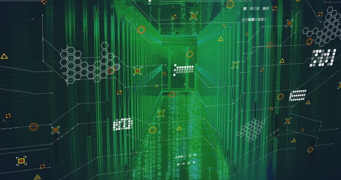 Receding corridor in network with binary code streams, circuit lines, data nodes and numeric panels - Powered by Adobe