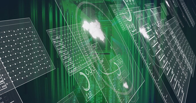 Curved semi-transparent panel floating in virtual space, with dashboards, gauges and code streams