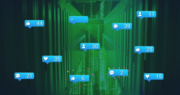 Floating social media icons showing counts in data center, featuring binary code and servers