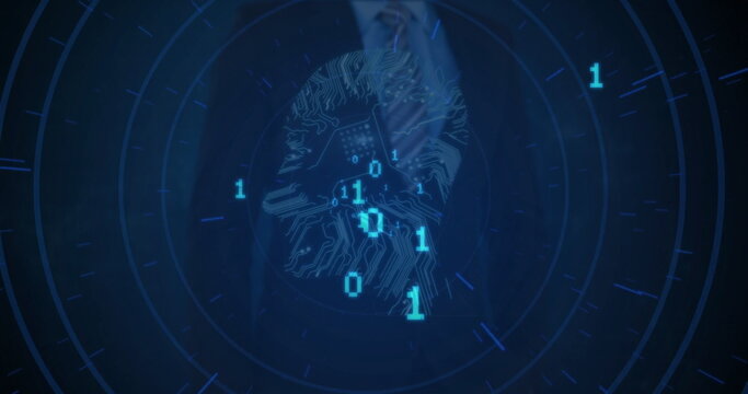Stylized digital brain pulsating in futuristic HUD interface, with binary digits and grid lines