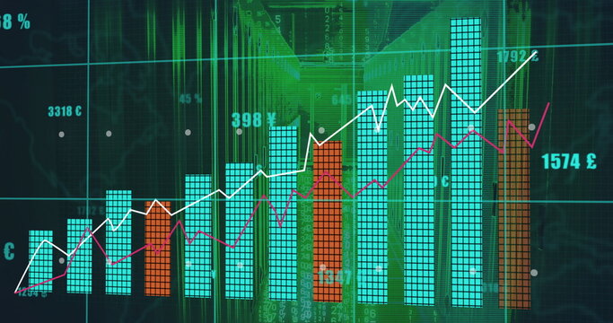 Displaying chart showing market trends on dashboard with teal bars, line graphs, green code streams