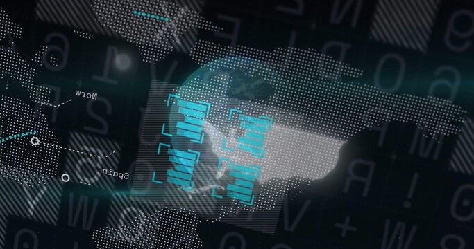 Displaying dotted world map under turquoise scanning frames in virtual interface with code strings