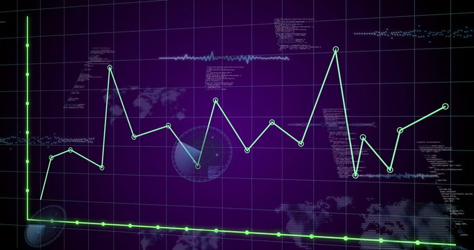 Showing green line graph with data nodes over purple grid, world map silhouettes and radar graphics
