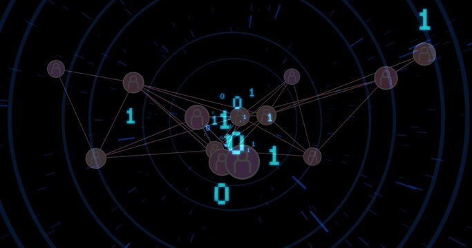 Displaying user icon nodes connecting with lines and binary digits in futuristic network interface