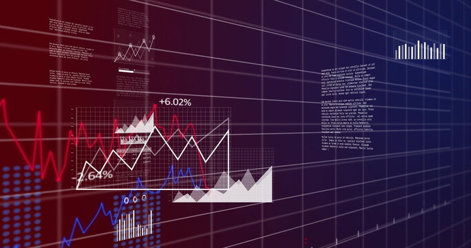 Showing line graph and bar charts over 3D grid lines in virtual interface, with percentage markers