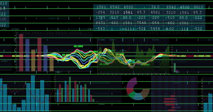 Naklejki Displaying colored line graph alongside numeric tables on monitor, with bar charts and donut chart