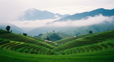 Lush Rice Terraces Embraced by Mist A Serene Mountain Vista of Agriculture