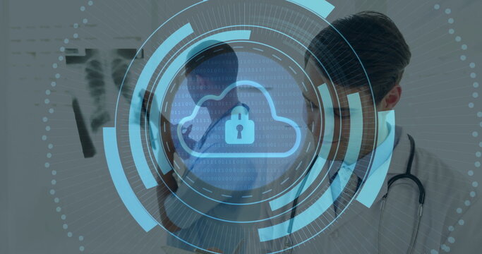 Reviewing chest X-ray film on viewer, doctors examining in clinic with stethoscope, digital overlay