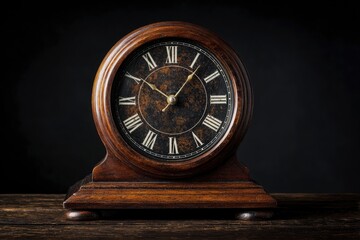 Closeup of a vintage wooden table clock with Roman numerals and antique hands
