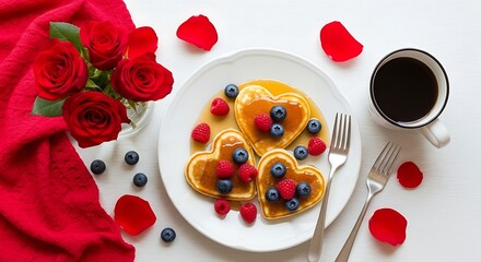 Romantic Breakfast Heart-Shaped Pancakes with Berries and Roses for a Lovely Morning Feast