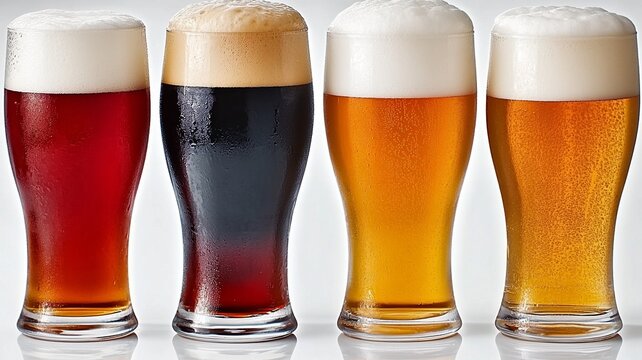 Four Types of Craft Beer in Glasses with Rich Colors and Foam, Bar Menu, Beverage Advertisement, Restaurant Background