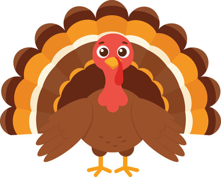 A cheerful cartoon turkey displays its vibrant plumage.