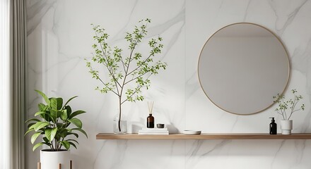 Minimalist Bathroom Serenity Plants, Mirror, and Elegant Marble Wall Decor to Create a Relaxing Home Spa