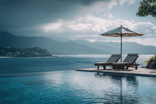 Poolside 2 loungers beneath an umbrella overlooking a calm ocean and distant mountains