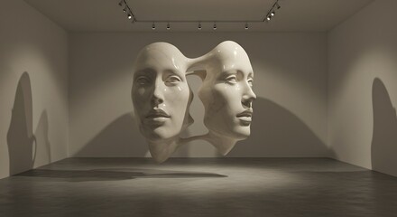 Floating marble sculpture of two interconnected human faces in a minimalist gallery with dramatic spotlighting and shadows