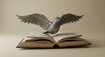 Detailed silver bird sculpture with broad wings poised above an open vintage book on a light background