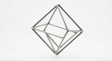 Geometric sculpture of an octahedron constructed from metallic bars against a white background