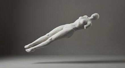 Granular white sculpture of a human figure floating horizontally in a minimalist grey space