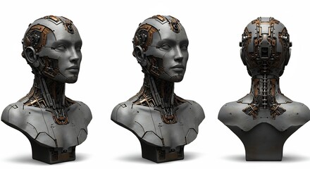 Detailed metallic bust of a female humanoid robot with exposed internal mechanisms against a white background