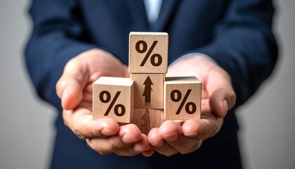 Hands holding stacked wooden blocks with percentage symbols and an upward arrow