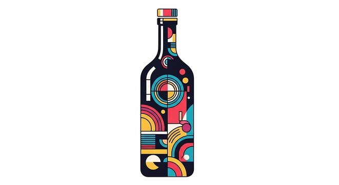 Modern Abstract Wine Bottle Illustration Geometric shapes create a vibrant and unique label design for a stylized wine bottle.