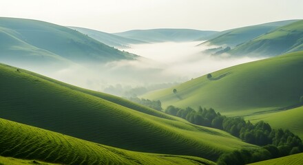 Verdant Hills and Valley Mist A Serene Landscape of Green Pastures and Gentle Fog