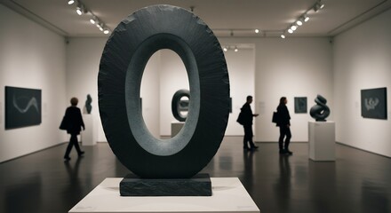 Large dark toroidal sculpture in an art gallery with blurred visitors observing various artworks