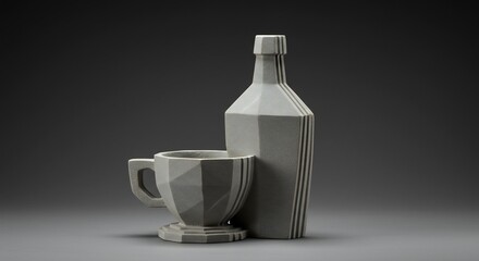 Geometric light gray bottle and cup with faceted designs and vertical stripes on a dark gray background