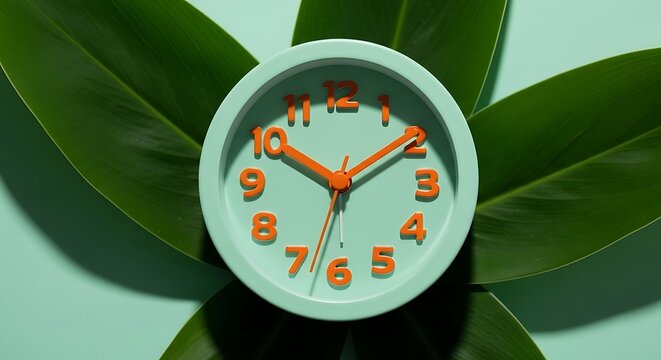 Time and Nature A Minimalist Composition of a Clock Surrounded by Fresh Green Leaves for Relaxation and Time Management - Powered by Adobe