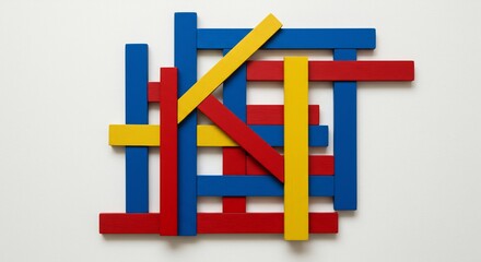 Interlocking red blue and yellow wooden blocks arranged in a gridlike pattern on a white surface
