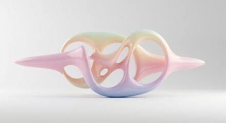 Glossy pastelcolored abstract sculpture with interwoven loops and holes set against a plain light background