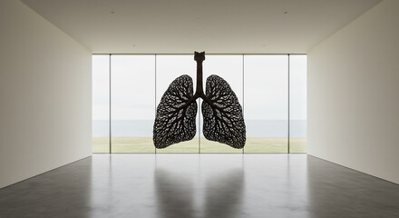 Intricate dark lung sculpture in a minimalist room with white walls concrete floor and large window overlooking ocean