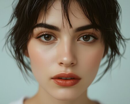 Close-up portrait of a beautiful young woman with flawless skin, soft peach makeup, and dark hair with bangs against a pastel blue background, perfect for beauty, skincare, fashion, and cosmetic brand