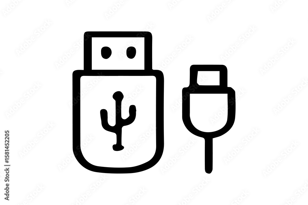 Fototapete the image shows a black outlined icon of a usb device and a cable connector. on the left side is a u