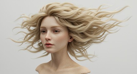 Hyperrealistic render of a fairskinned woman with blonde windblown wavy hair against a plain light background